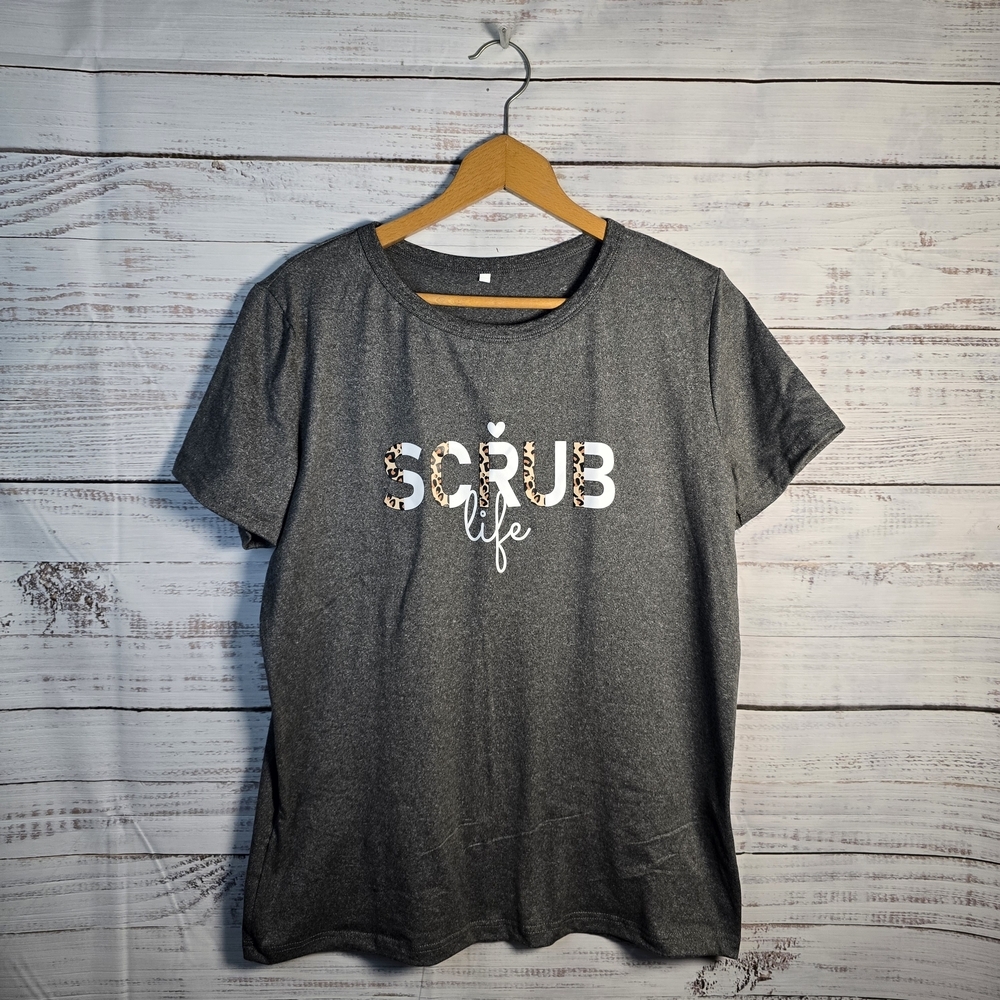 New Gray 'Scrub Life' T-Shirt With Animal Print Graphic‎ Size Large